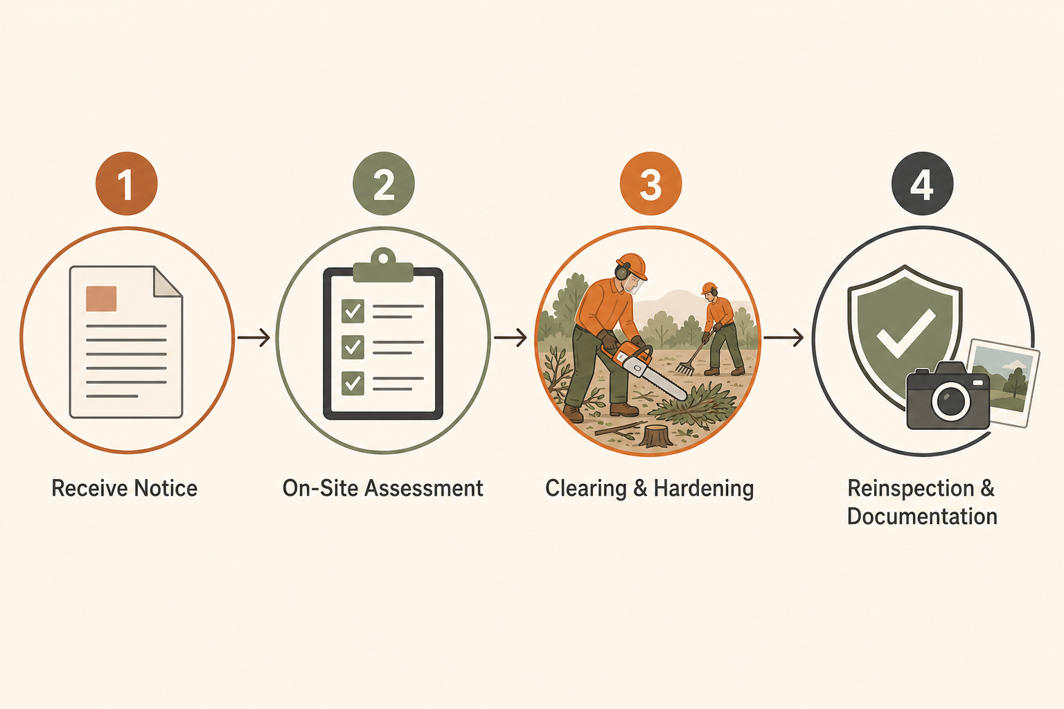Four-step process for resolving a CAL FIRE defensible space notice in San Bernardino County: receive notice, on-site assessment, clearing and hardening, reinspection and documentation