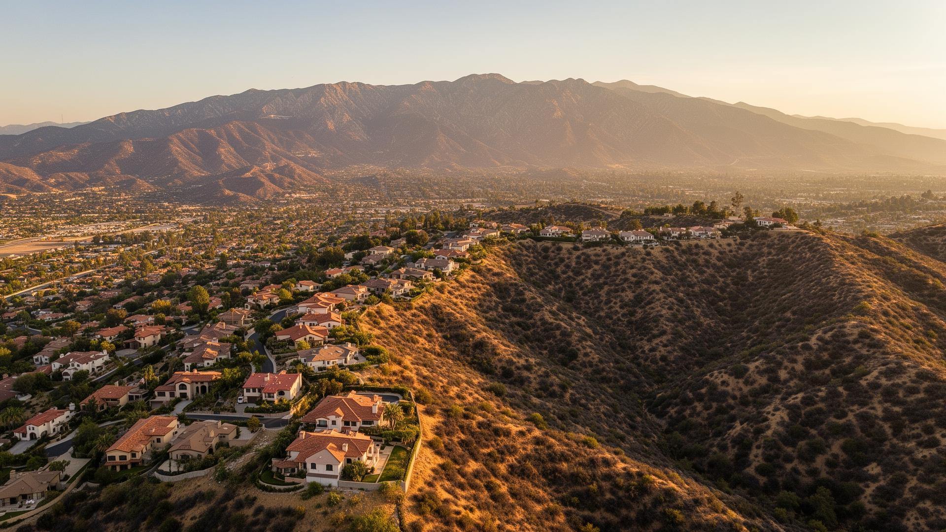 Aerial view of a San Bernardino County foothill neighborhood bordering chaparral wildland at the base of the San Bernardino Mountains — a Very High Fire Hazard Severity Zone wildland-urban interface