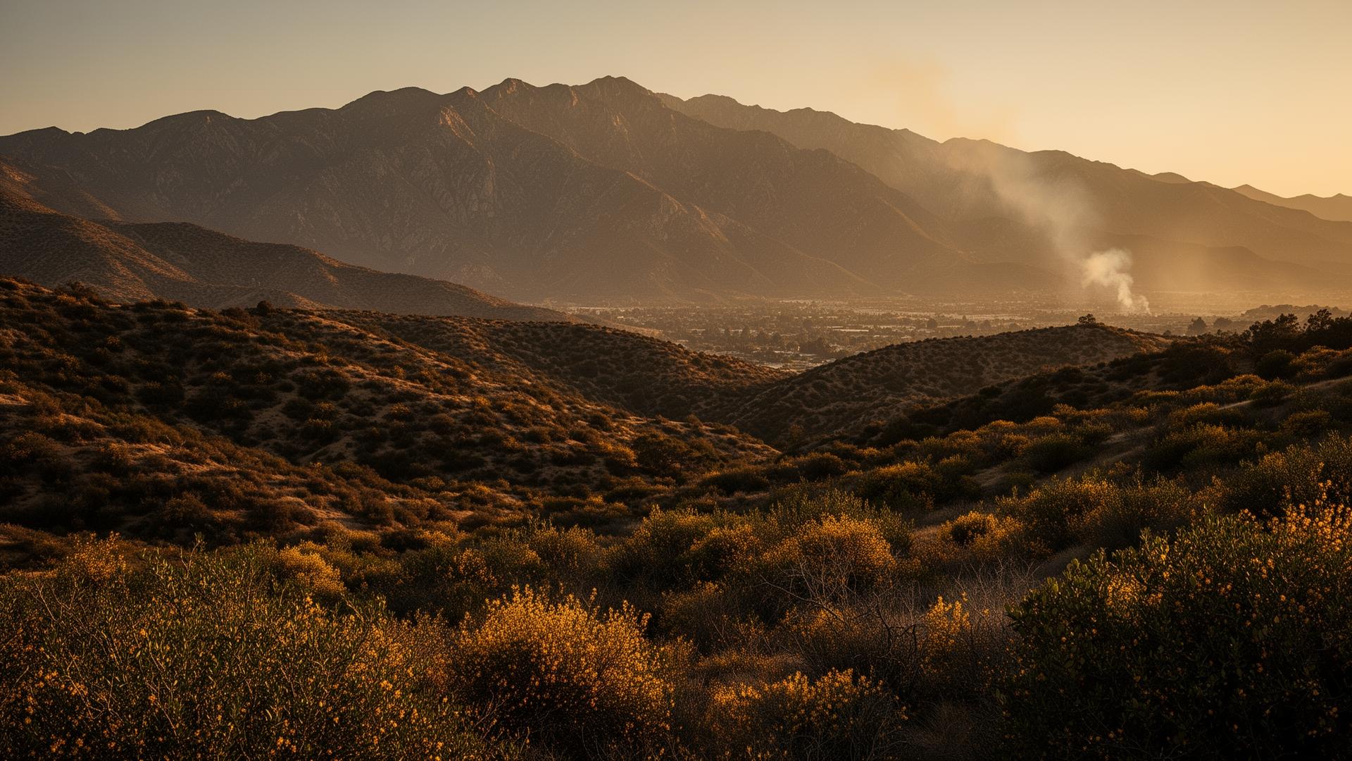 Yucaipa Valley foothills and the San Bernardino Mountains at sunset, with chaparral terrain and faint smoke on the horizon — the landscape shaped by the 2003 Old Fire, 2020 Apple Fire, and 2020 El Dorado Fire.